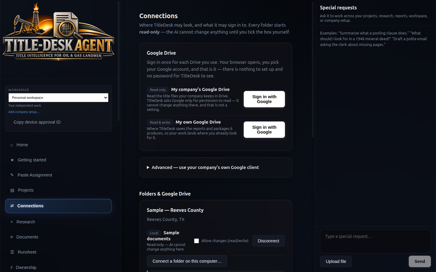 Connections screen for Google Drive and research sources