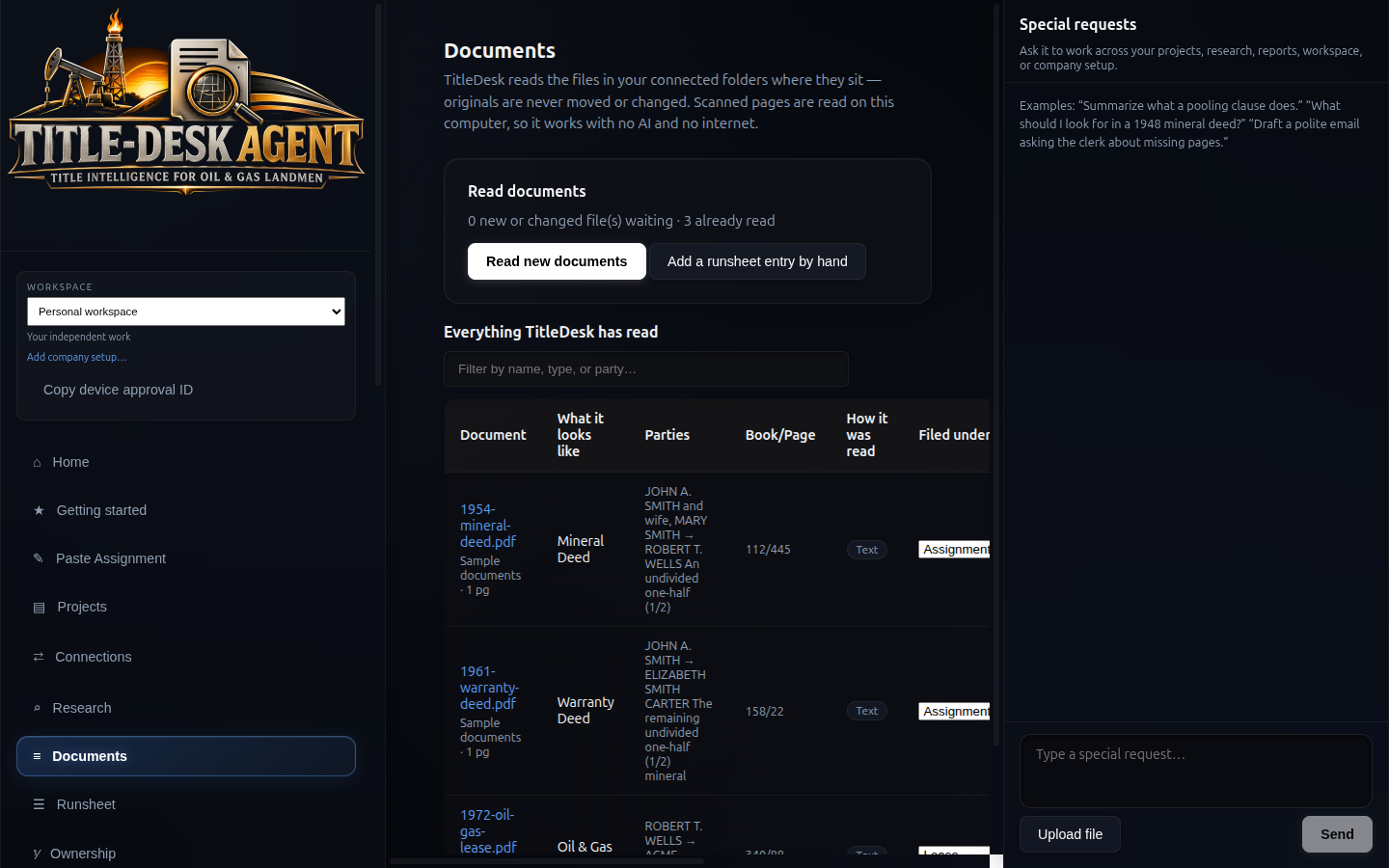 Documents screen showing classified instruments with parties and book/page