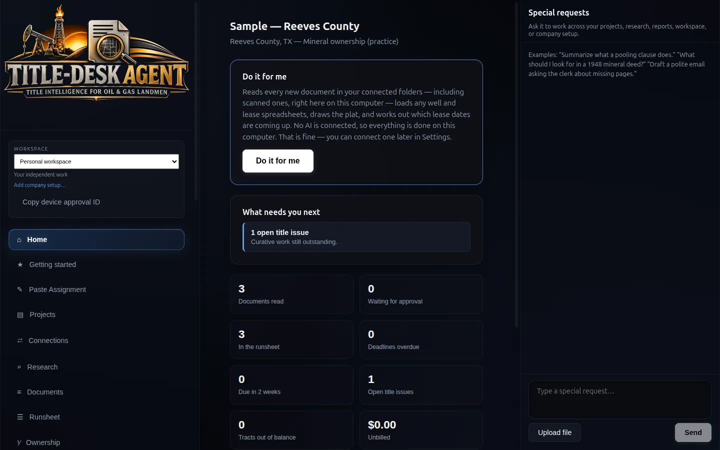TitleDesk Agent Home screen showing the Reeves County sample project