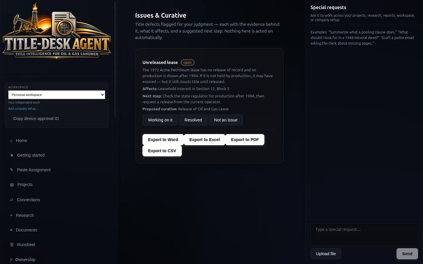 Issues and curative screen with evidence, next step and export