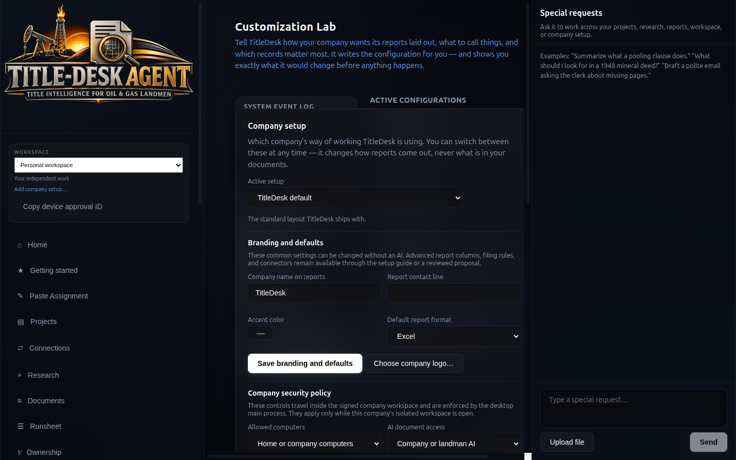 Customization Lab: describe branding, report format, and company security policy in plain language