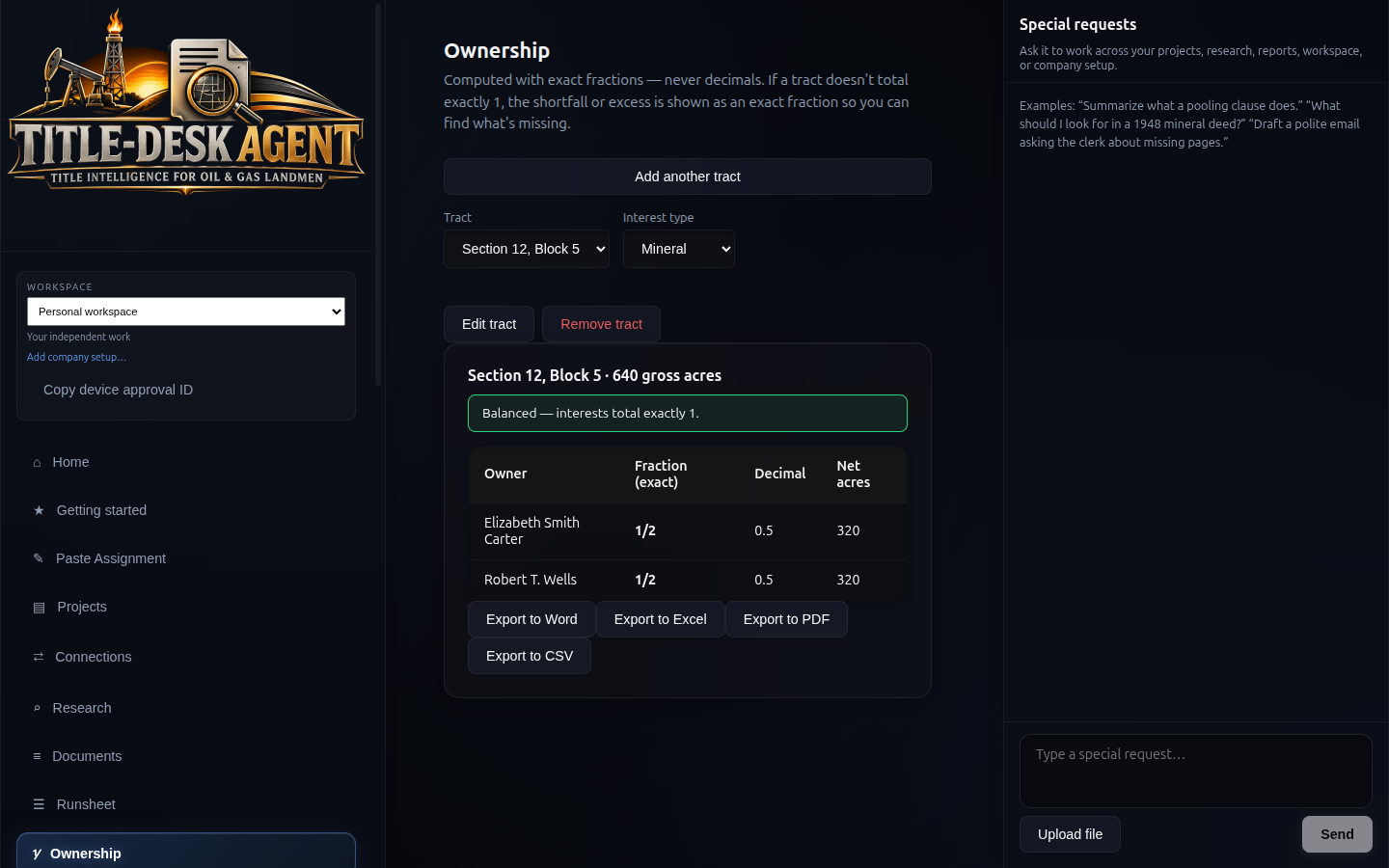 Ownership screen with exact-fraction mineral interests totaling 1
