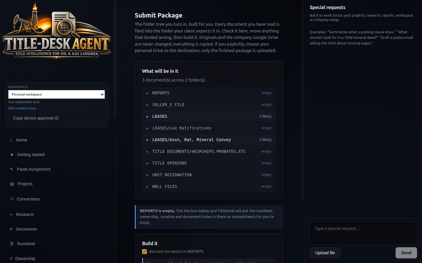 Submit Package screen for assembling the client folder tree