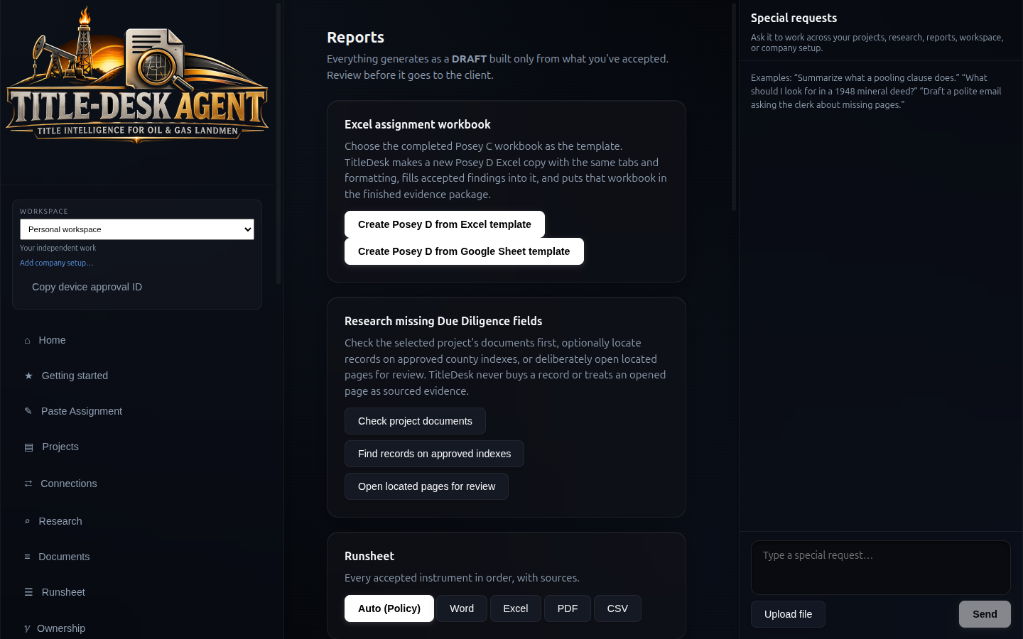Reports screen for Word, Excel, PDF, and CSV drafts