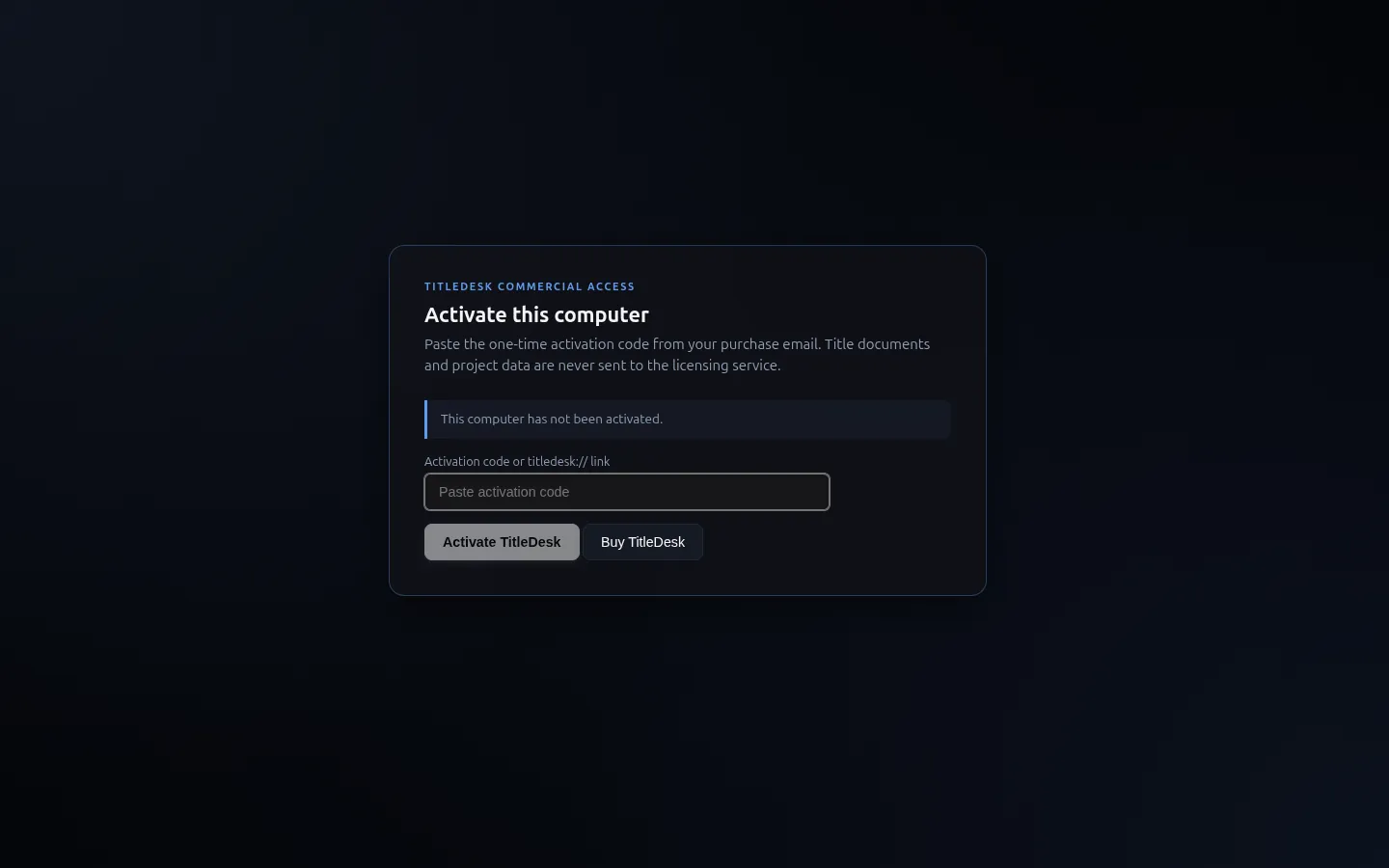 TitleDesk commercial activation screen