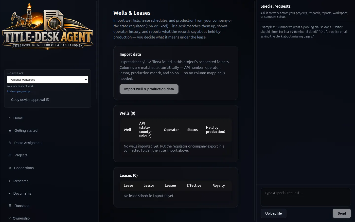Wells and leases screen with import controls